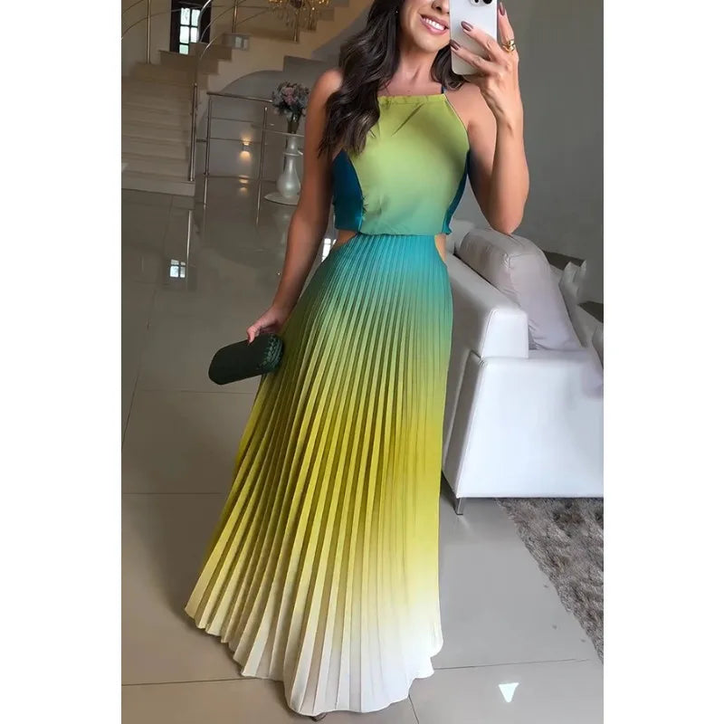 2025 Women Summer Party Dress Elegant Sleeveless Backless Halter Hollow Out Folds Long Dress Ceremoney Birthday Evening Dress