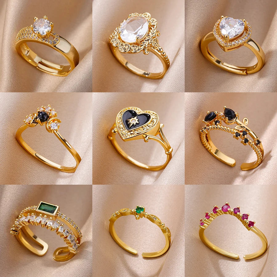 Enamel Heart Stainless Steel Rings for Women Colorful Zircon Opening Adjustable Ring Fashion Aesthetic Jewelry Wedding Gift