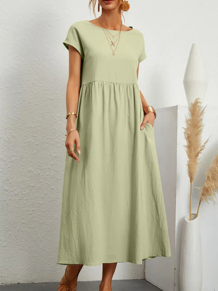Women Vintage Solid Dress 2023 Summer Elegant O Neck Short Sleeve Cotton Linen Dresses Female Casual Loose Sundress Long Dress