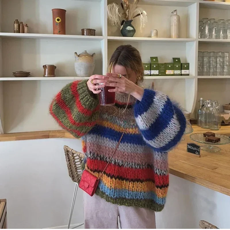 سترة نسائية كبيرة الحجم محبوكة برقبة دائرية وأكمام طويلة ومعطف نسائي فضفاض ودافئ غير رسمي 2024 ملابس خارجية جديدة للسيدات لخريف 2024