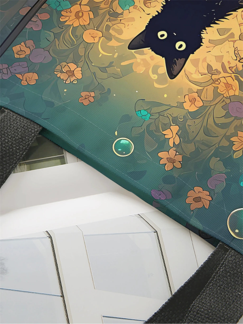 حقيبة تسوق قماشية مطبوعة عليها صورة قطة سوداء، حقيبة تسوق أنيقة قابلة لإعادة الاستخدام، حقيبة تسوق متعددة الوظائف، حقيبة تسوق قماشية مطبوعة