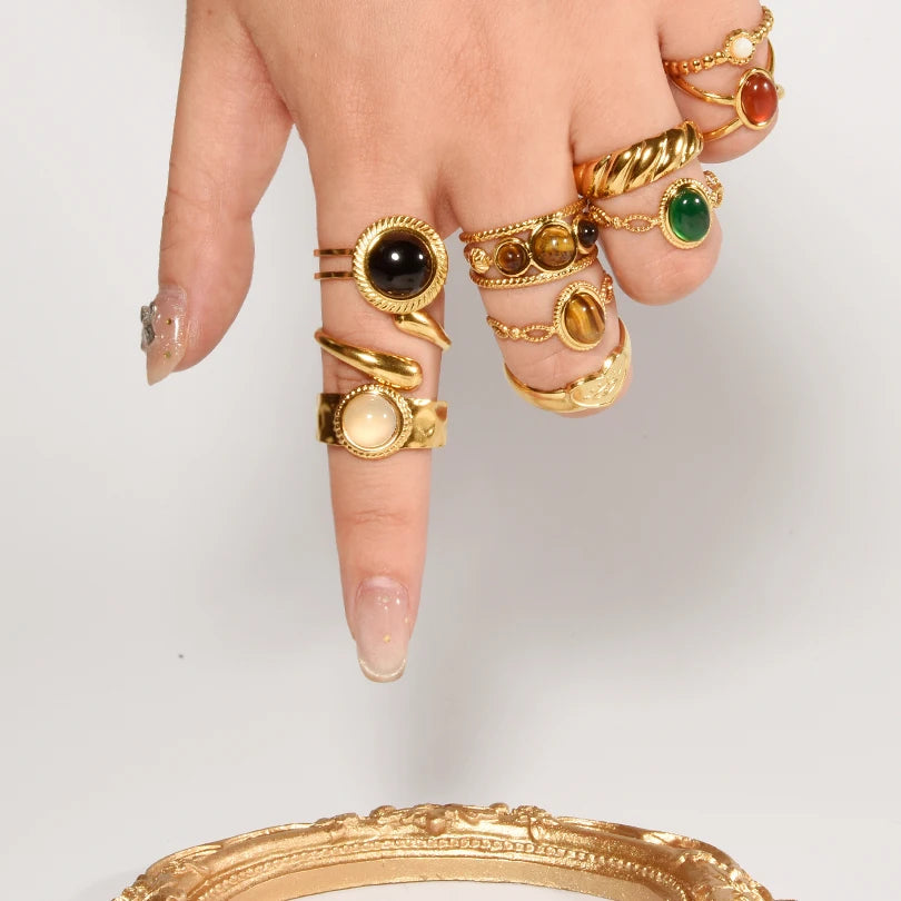 1 قطعة من خواتم عين النمر الكلاسيكية المصنوعة من الفولاذ المقاوم للصدأ القابلة للتعديل والمفتوحة للنساء والرجال إكسسوارات خاتم إصبع ذهبي اللون