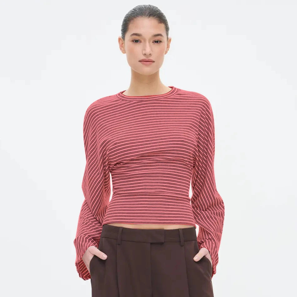 تيشيرت نسائي جديد من CUTENOVA، مخطط، بياقة دائرية، مثير، متعدد الاستخدامات، ضيق، بأكمام طويلة، قطعة علوية أنيقة، ملابس الشارع، تيشيرت كاجوال