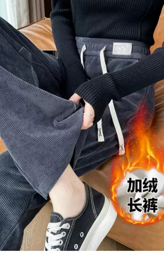 Fleece Lined Wide Leg Pants Women's Slim Straight Thick Corduroy Trousers Spring Autumn Winter New Style High Waist Long Pants