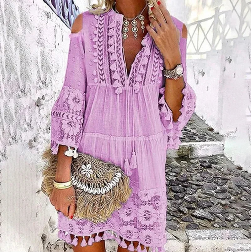 Spring Large Size Women Dress Lace White V-neck Lace Tassel Casual Dresses Female New Casual Elegant Fashion Ladies Clothes