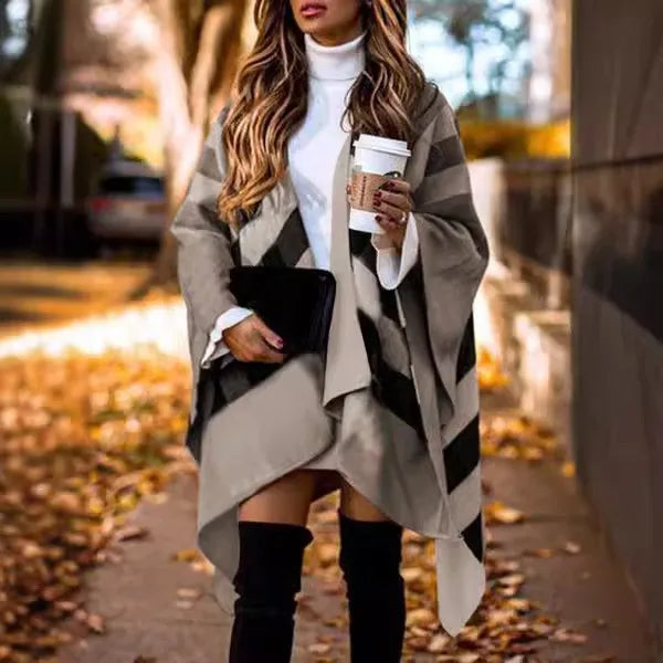 معطف نسائي أنيق بأكمام منفوشة بتصميم جناح الخفاش، مناسب للخريف والشتاء، محبوك بألوان متعددة، وشاح غير منتظم