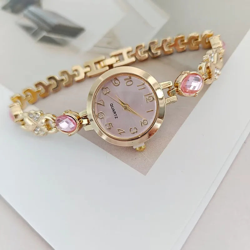 ساعة نسائية أنيقة مرصعة بالماس من اليشم الملون، ساعة كوارتز دائرية للنساء
