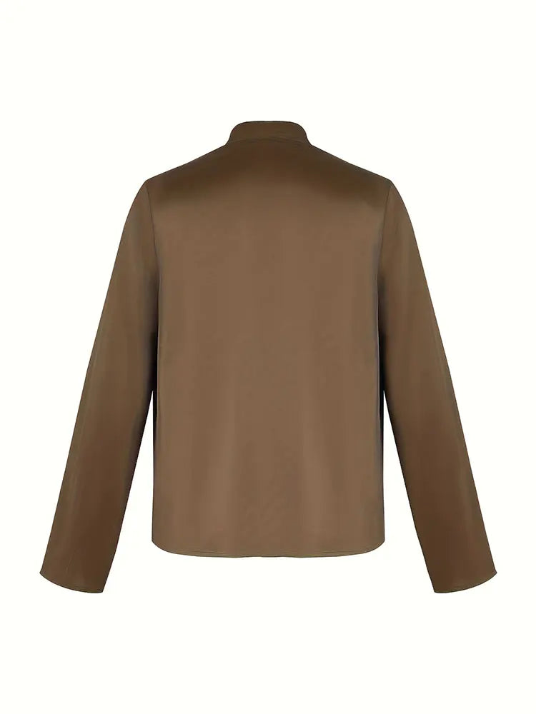 قميص خريفي جديد للتنقل بأكمام طويلة ورقبة على شكل حرف V، بلوزة من الساتان المطوي، ملابس أنيقة تناسب جميع الأذواق، بلوزة بلون القهوة
