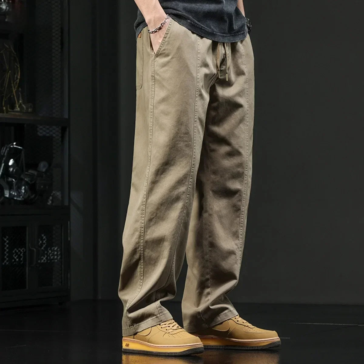 Versatile  Hot Selling Men's Casual Pants Straight Leg Wide Leg Pants with Drawstring Solid Color Men's Fashion Loose Version
