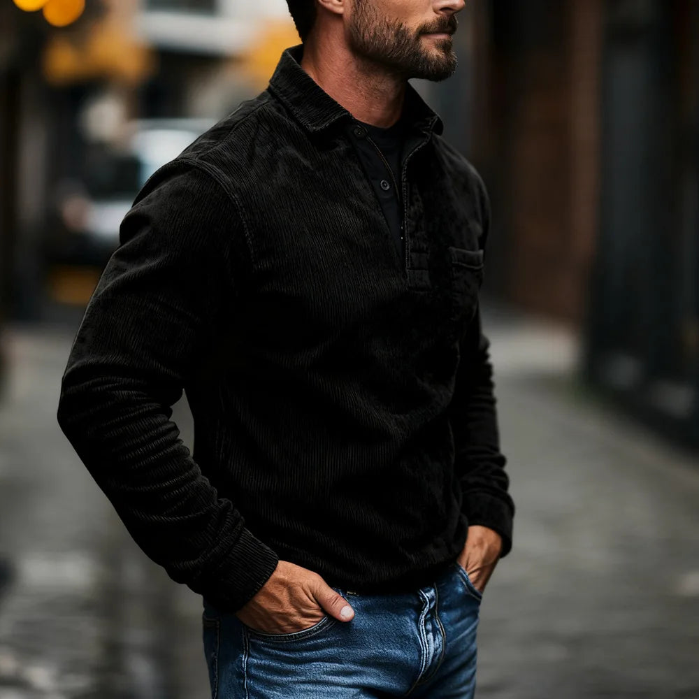 قميص بولو رجالي جديد من Crazy Muscle مصنوع من قماش مخملي عتيق وجيوب بأزرار ولون سادة بأكمام طويلة مناسب للخريف والشتاء