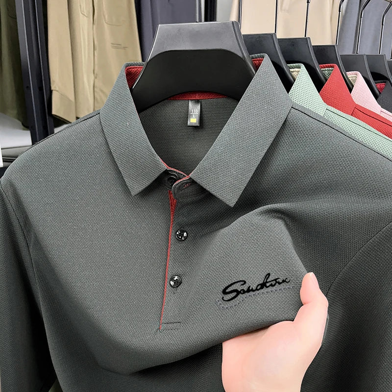 قميص بولو رجالي من ماركة مصممة بأكمام طويلة وياقة دائرية، خريف جديد، مطبوع عليه حروف، مضاد للتجاعيد، ملابس عمل غير رسمية للرجال
