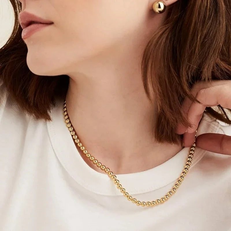 قلادة MHS.SUN العصرية المصنوعة من الفولاذ المقاوم للصدأ باللون الذهبي والمزينة بحبات اللؤلؤ 4/6/8/10 مم من الخرز المعدني مجوهرات قابلة للتعديل للنساء والرجال