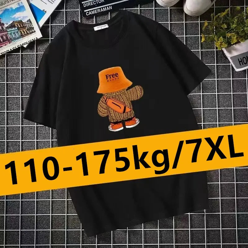 تي شيرت أسود للرجال مطبوع مقاس كبير 110-175 كجم 6XL/7XL تي شيرت صيفي قطني برقبة دائرية وأكمام قصيرة وقمصان كبيرة الحجم