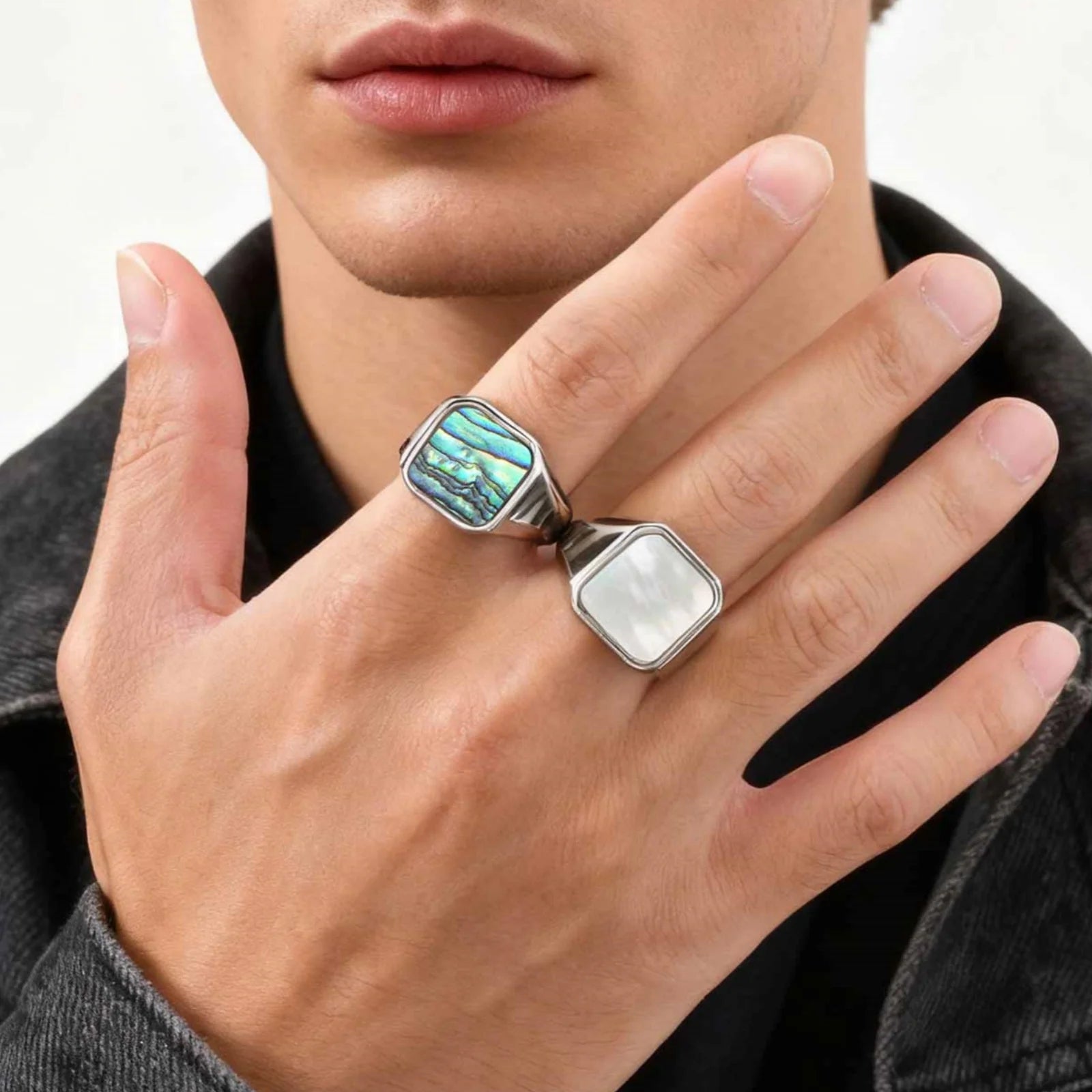 Trendy Punk Abalone Shell Stainless Steel Chunky Signet Ring for Men, Waterproof Hip Hop Party Finger Jewelry Size7 8 9 10 11 12