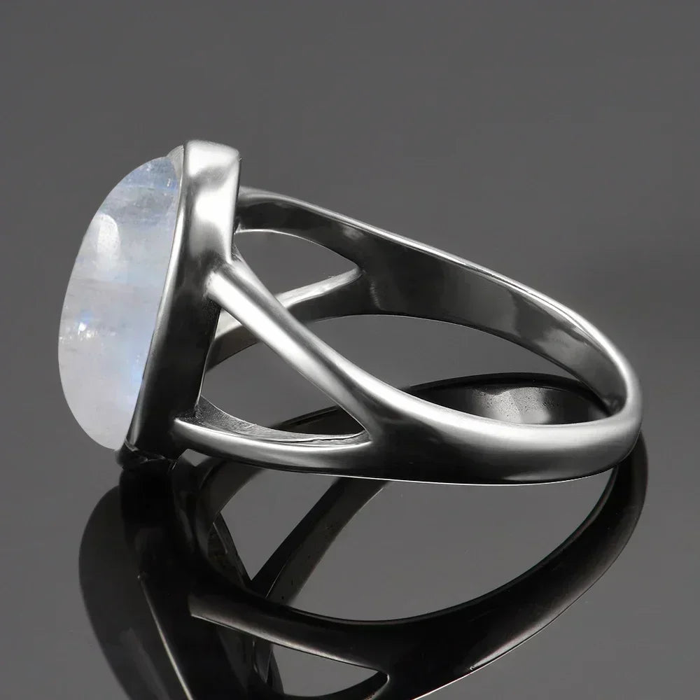 925 Sterling Silver Ring Natural 10*14mm Moonstone Rings Oval Large Gemstone Vintage Fine Jewelry for Women Men