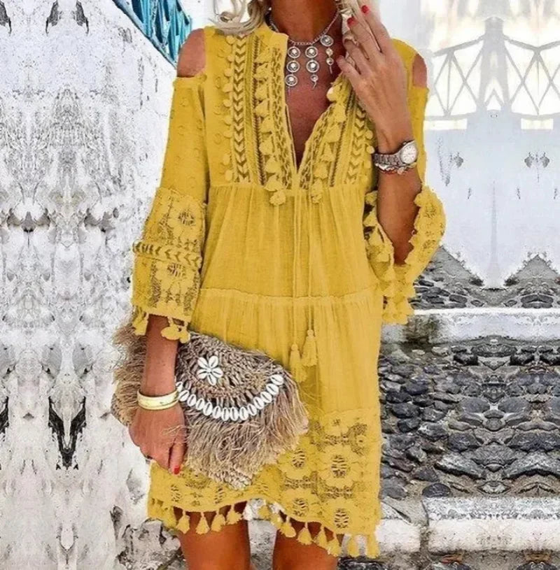 Spring Large Size Women Dress Lace White V-neck Lace Tassel Casual Dresses Female New Casual Elegant Fashion Ladies Clothes