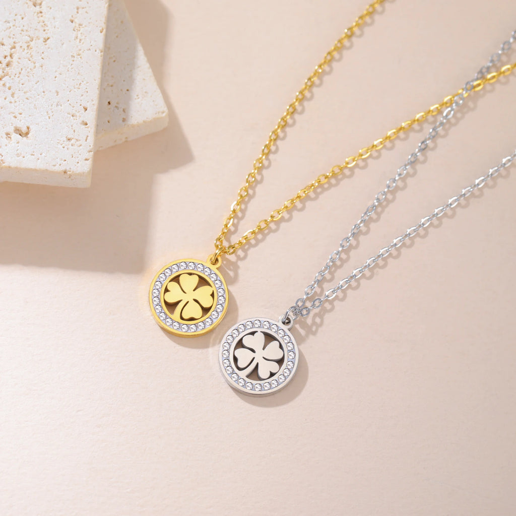 Skyrim Four Leaf Clover Zircon Round Pendant Necklace Stainless Steel Gold Color Choker for Women Jewelry Mother's Day Gift