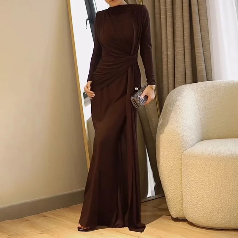 Elegant Long Sleeve Solid Color Dress for Women Autumn New European And American Fashion Solid Color Women's Dress