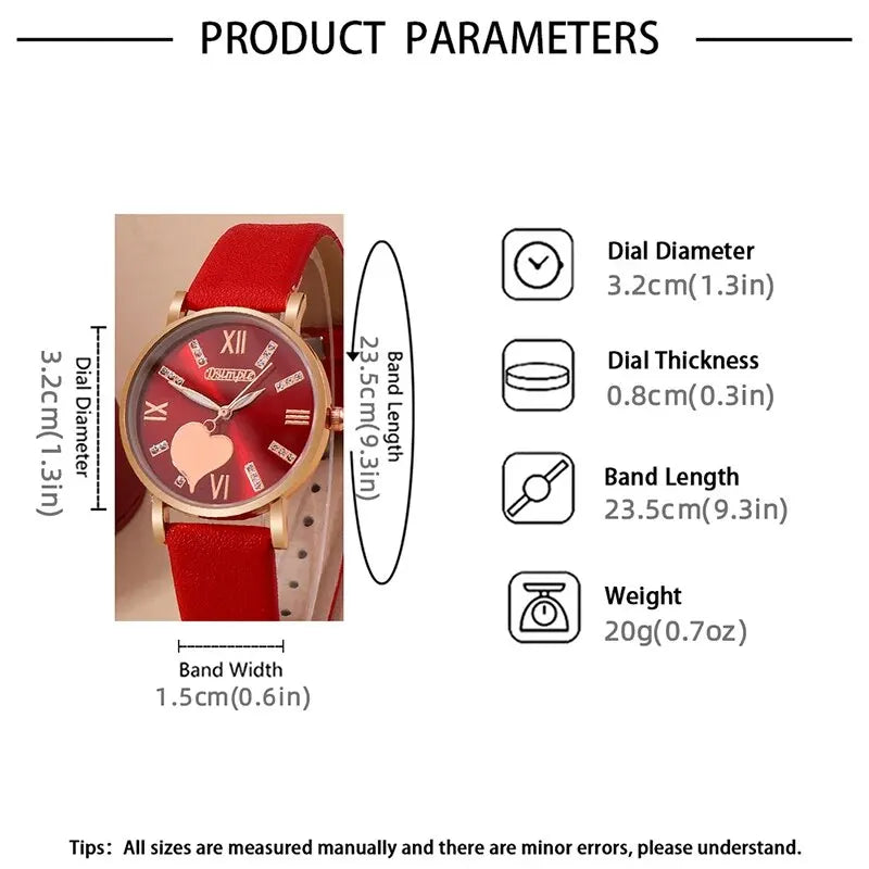 طقم 6 قطع من ساعات كوارتز نسائية أنيقة، مينا على شكل قلب، ساعات كلاسيكية بسيطة للنساء، هدية مثالية.
