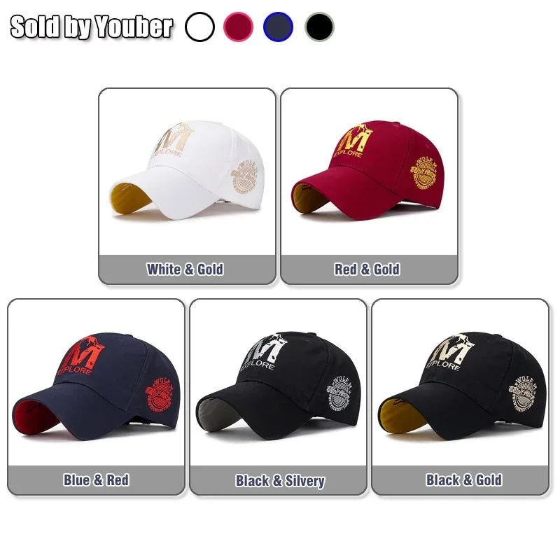 قبعة بيسبول قابلة للتعديل من القطن بتطريز حرف M على شكل طوطم ذئب وقبعة شمس وقبعات سائقي الشاحنات وقبعات للأب