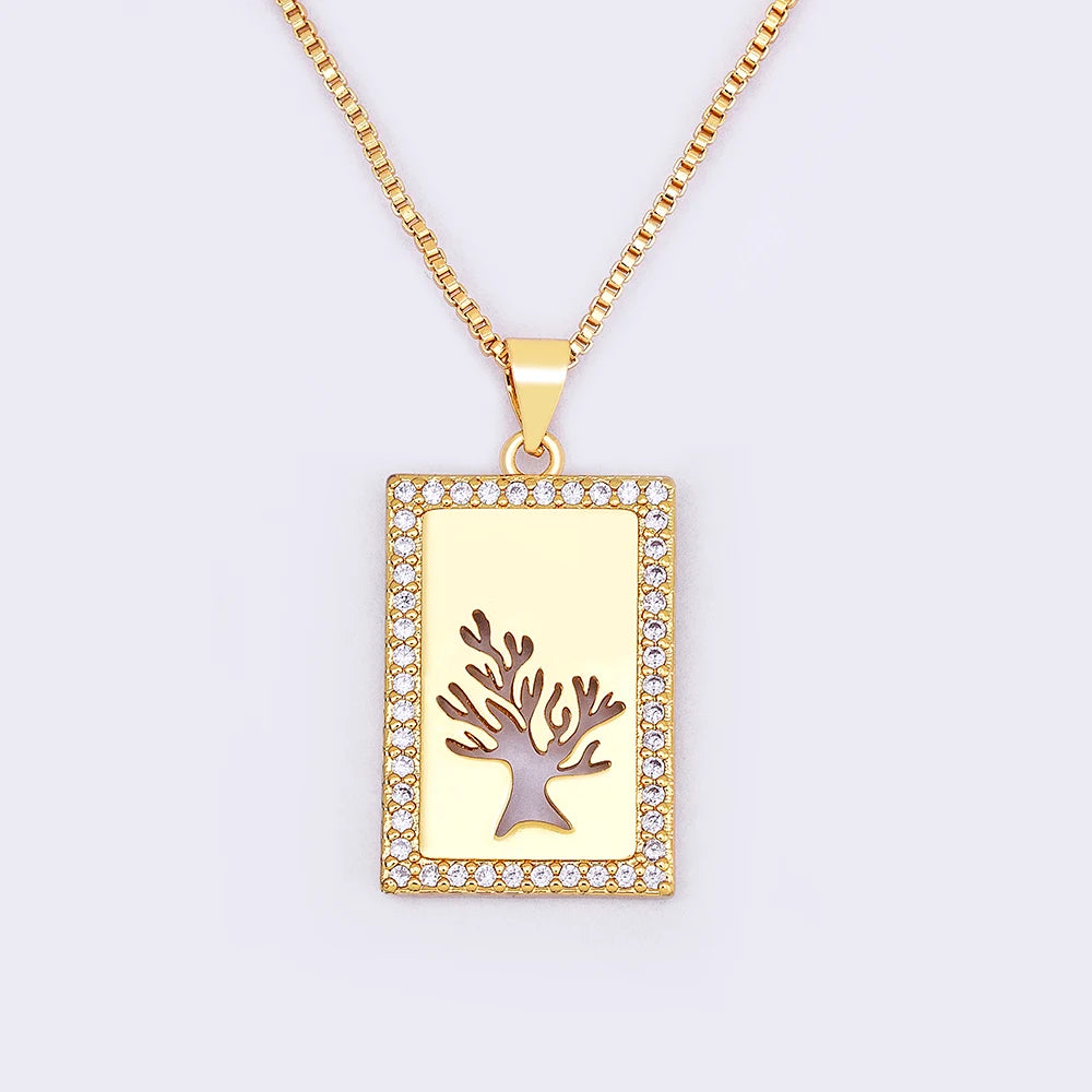 Nidin Hot Sale Tree of Life Necklace Zircon Crystal Hollow Pendant Gold Plated for Women Fashion Party Wedding Elegant Jewelry