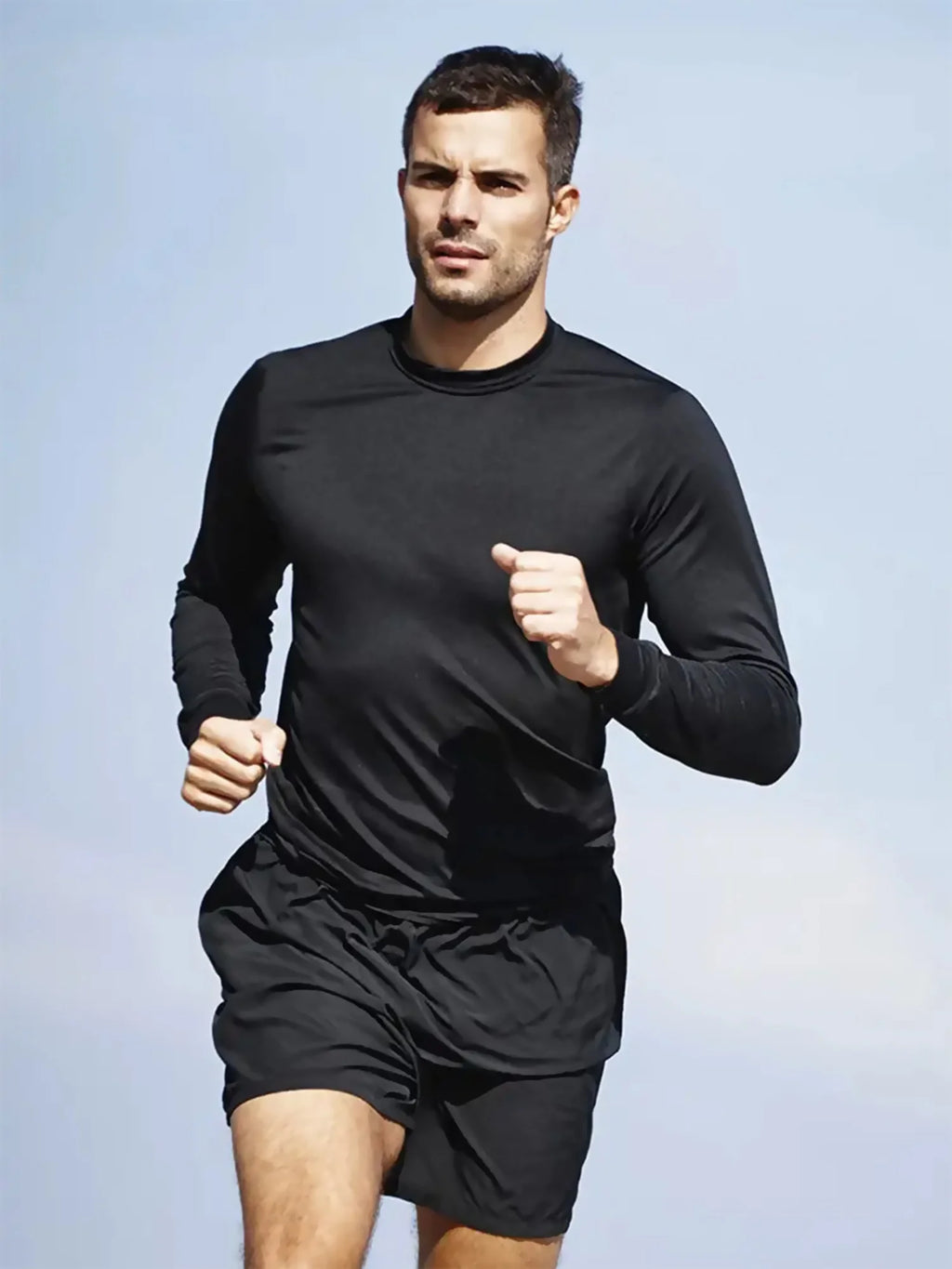 قميص رياضي رجالي أسود بأكمام طويلة ورقبة دائرية مكون من 5 قطع، سريع الجفاف، ملابس رياضية للياقة البدنية، ملابس رياضية خارجية غير رسمية، شكل الجسم