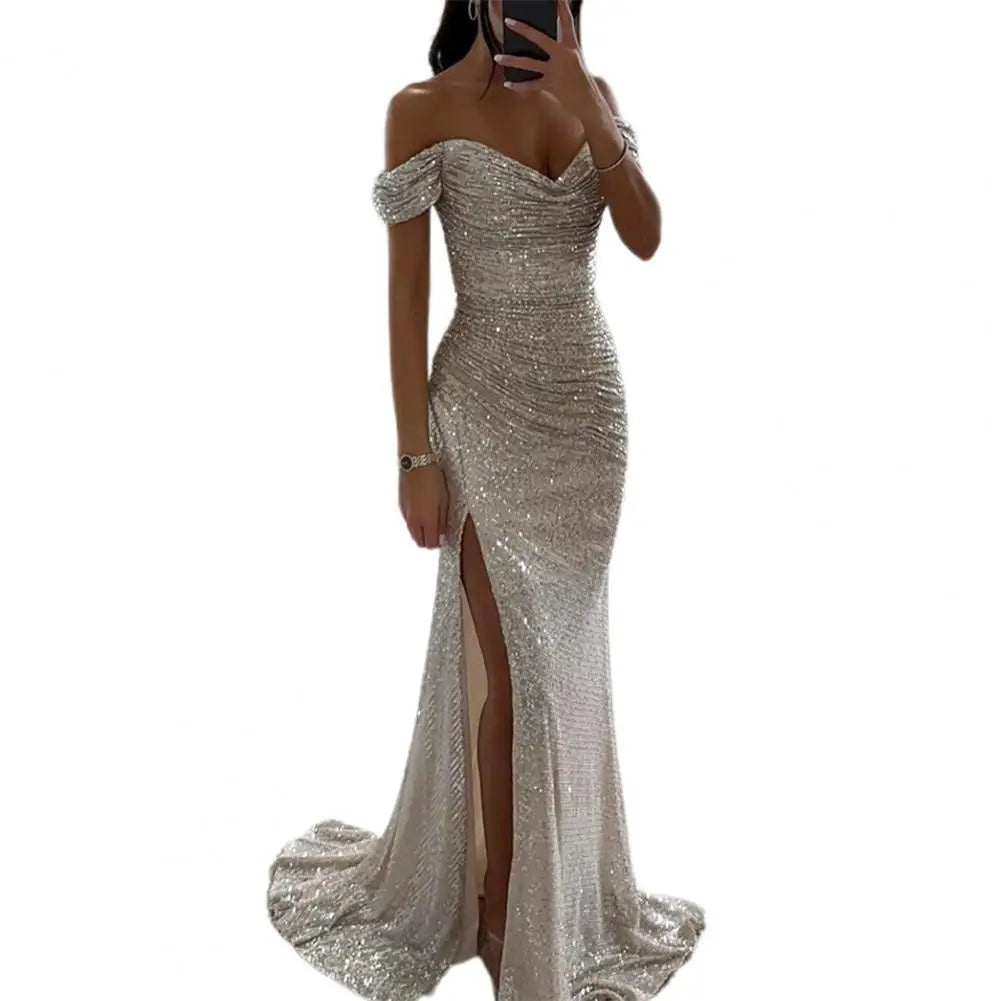 Elegant Gown Dress V-Neck Off Shoulder Maxi Dress Sequin Pleated Waist Tight Evening Party Dress Sexy Split Long Dreses
