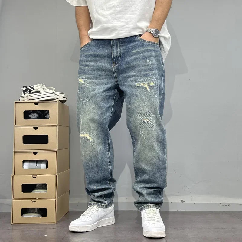 2025Heavy Duty Washed and Scraped Denim Men's Trendy High-end Embroidered Printed Loose Tapered Straight Leg Jeans