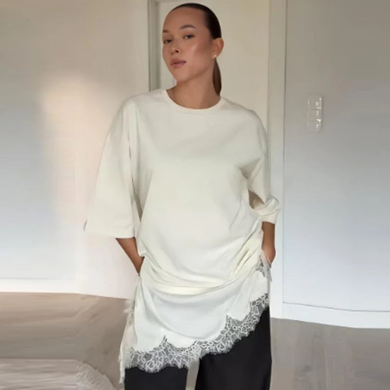 تي شيرت HXAO من الدانتيل كبير الحجم مناسب للصيف والخريف للنساء Y2K بأكمام قصيرة باللون الأبيض العتيق تي شيرت طويل مقاس كبير أنيق من ملابس الشارع