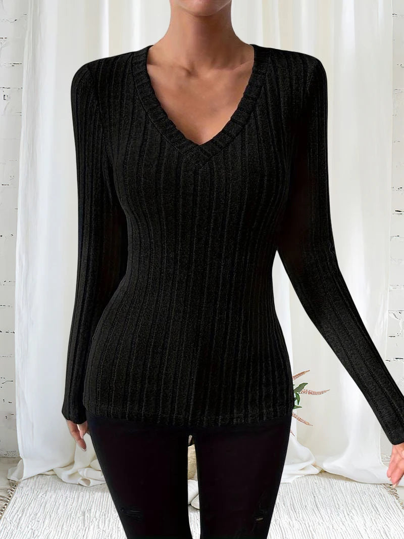 مجموعة تي شيرت نسائية أنيقة برقبة على شكل حرف V وأكمام طويلة ودافئة من 3 قطع