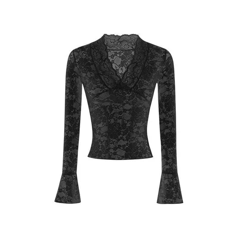 تيشيرتات شفافة مثيرة بياقة على شكل حرف V، أزياء نسائية عصرية بأكمام طويلة واسعة من الدانتيل، مناسبة لفصل الربيع، بلوزات ضيقة، مثالية للحفلات المسائية والسهرات والنوادي.