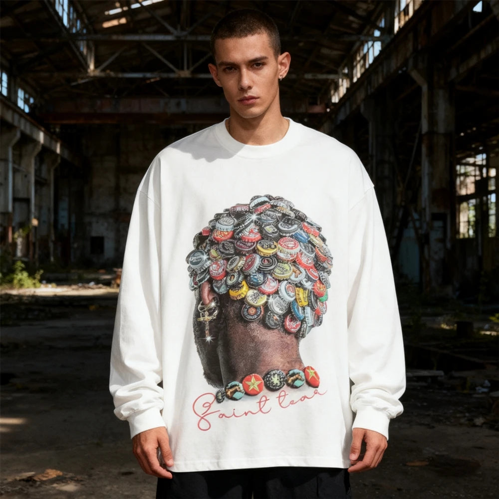 تي شيرت KUCLUT SAINT OF MICHAEL عصري مطبوع عليه رسومات غطاء زجاجة من KUCLUT SAINT OF MICHAEL بأكمام طويلة فضفاضة من القطن بنسبة 100% للرجال والنساء