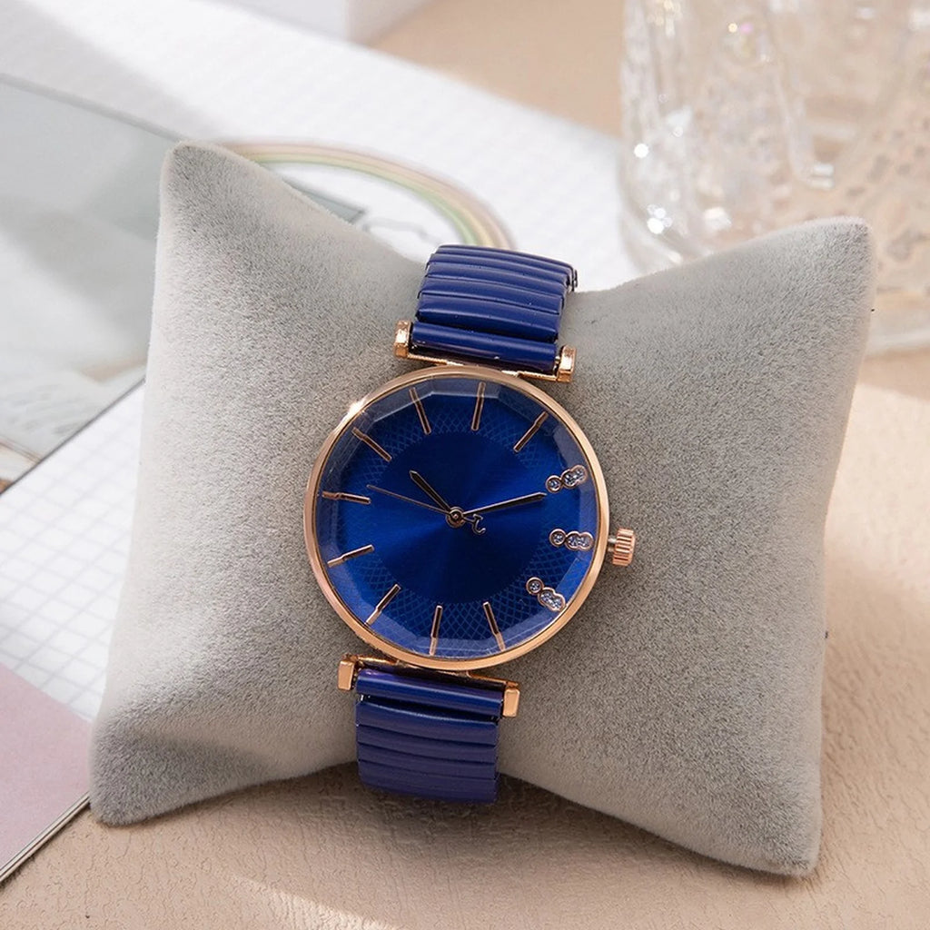 ساعة فاخرة بسيطة من الكريستال الأزرق، كوارتز نسائية، سوار مطاطي من الفولاذ المقاوم للصدأ، ساعة أنيقة وعصرية للنساء
