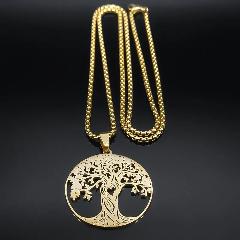 Aesthetic Tree of Life Love Heart Necklace for Women Men Stainless Steel Gold Color Lucky Amulet Chain Jewelry collar NZZZ529S02