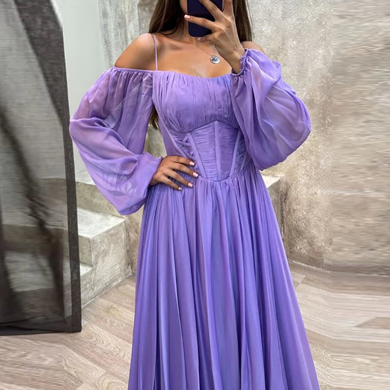 Elegant V-neck Long Sleeve Robe Long Dress Women Fashion Hight Waist Solid Party Dress Sexy Split Chiffon Pleated Gowns Dresses