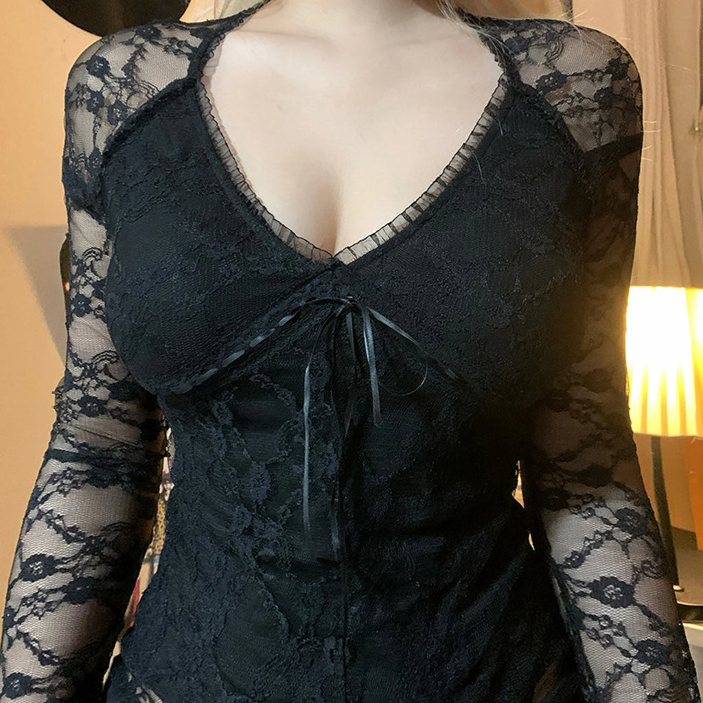 قمصان نسائية أنيقة من الدانتيل بأكمام طويلة ورقبة على شكل حرف V وربطة أمامية وقمصان ضيقة وملابس نادي الشارع