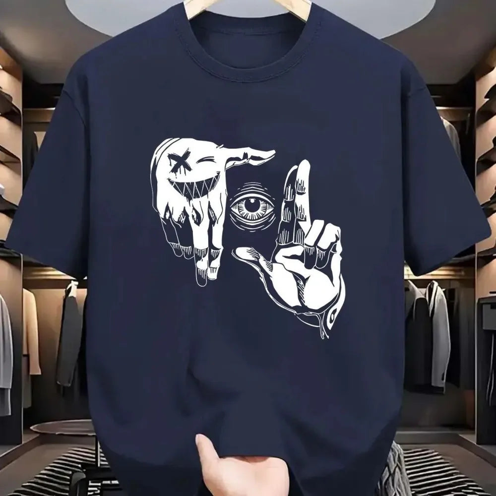 تيشيرت رجالي صيفي 2025 مصنوع من البوليستر، مريح، يسمح بمرور الهواء، برقبة دائرية، مزين بنقشة عين شخصية مطبوعة، مناسب للأنشطة الخارجية