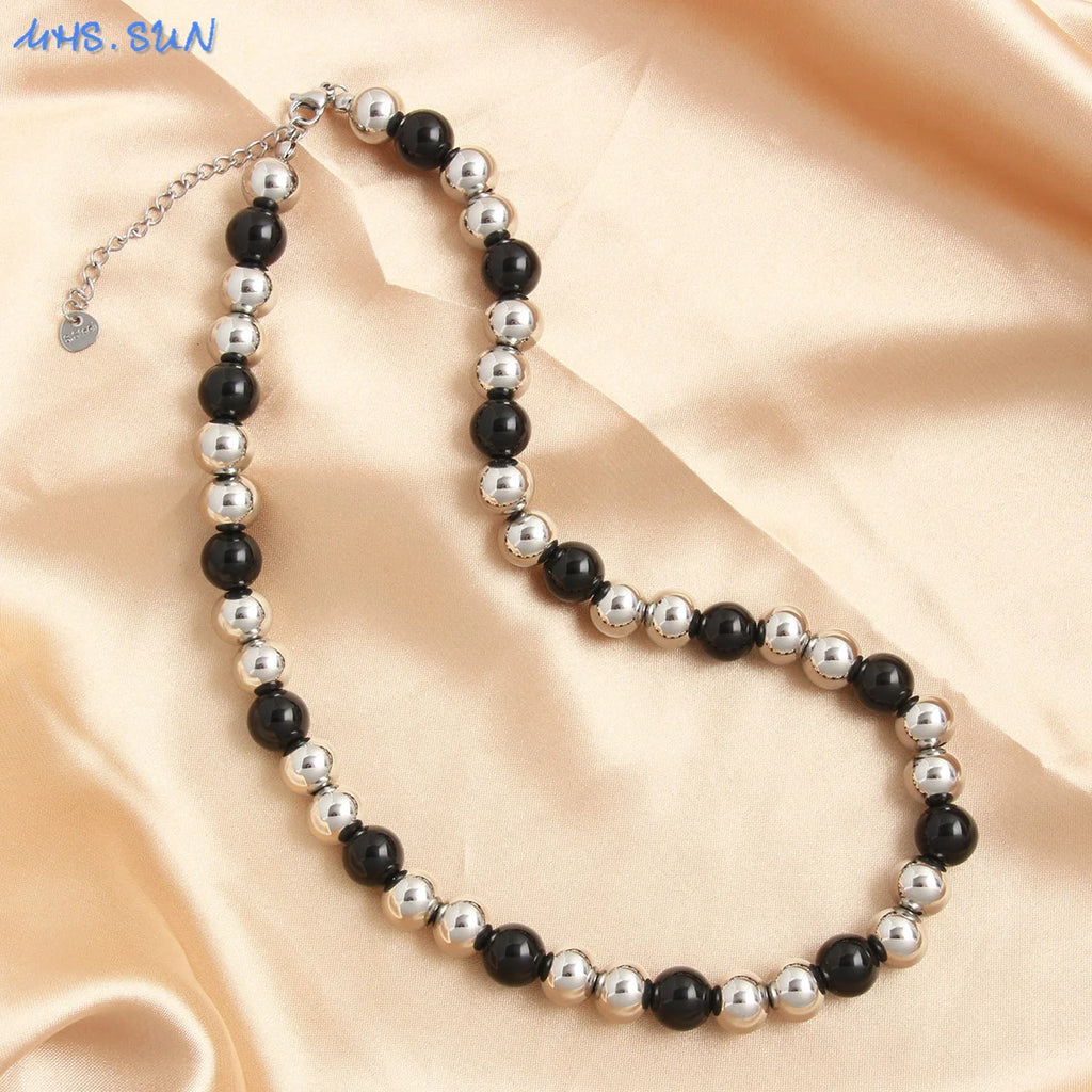 MHS.SUN Fashion Stainless Steel Gold Color Ball Beaded Pearl Necklace 4/6/8/10MM Metal Beads Adjustable Jewelry for Women Men