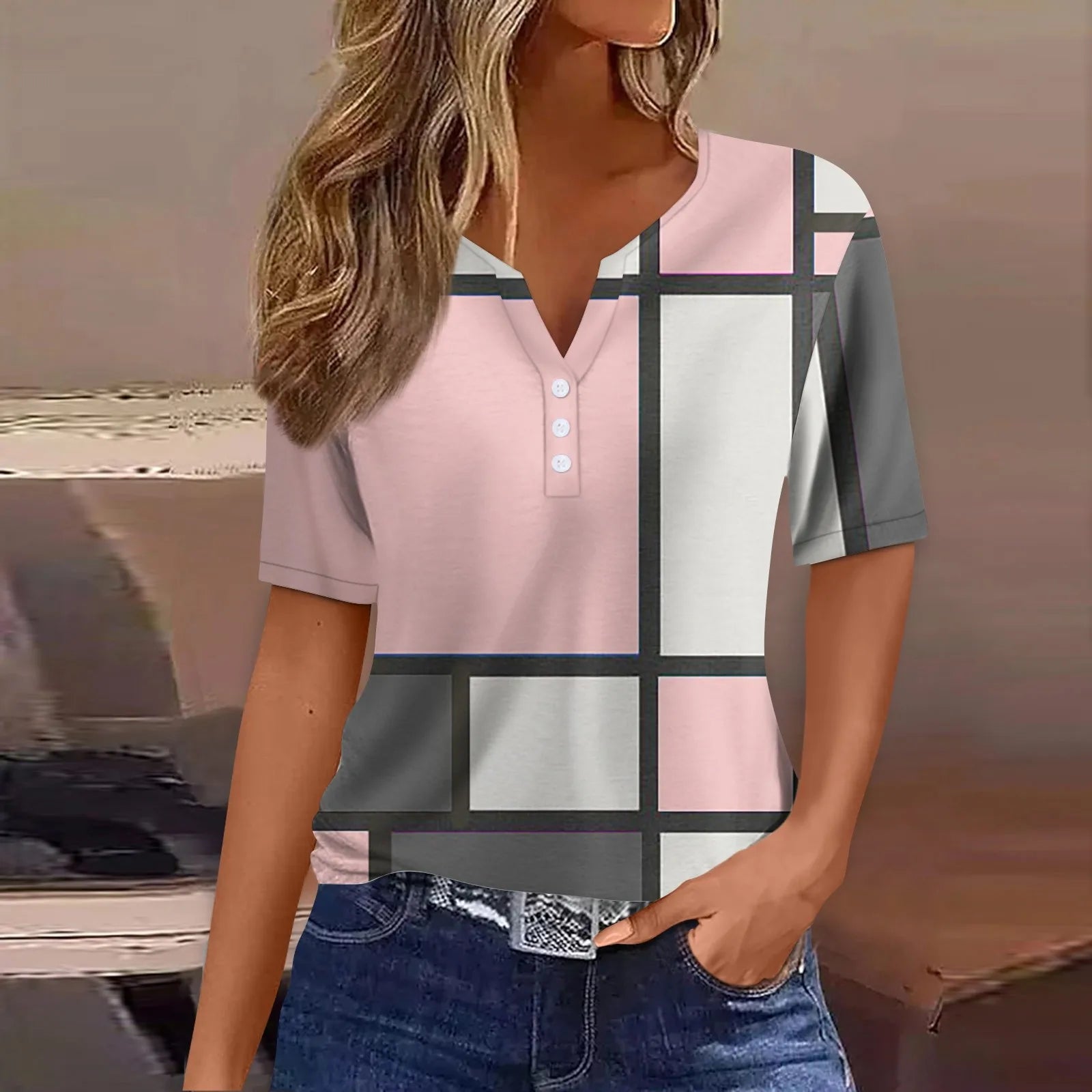 تيشيرت نسائي صيفي جديد بياقة على شكل حرف V، فضفاض، كاجوال، مخطط، مطبوع، ملابس نسائية، ملابس الشارع، تيشيرتات نسائية سهلة الارتداء