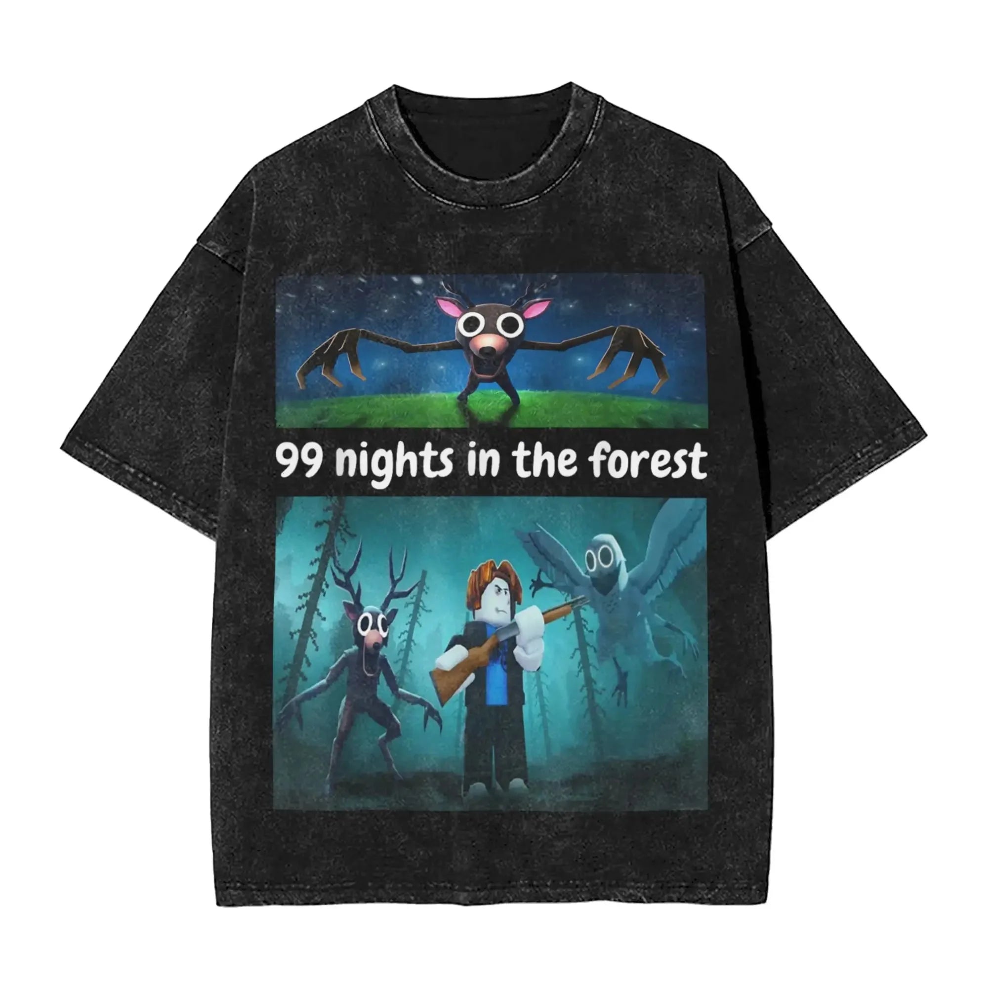 New Game 99 Nights Halloween in The Forest Funny Washed Vintage T-Shirt Men Women Cotton O Neck Tees Street Loose Oversized Top