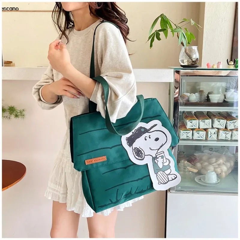 حقيبة قماشية كاجوال كبيرة الحجم مطبوعة عليها صورة سنوبي كرتونية جديدة من MINISO، حقيبة يد عصرية للطلاب بكتف واحد