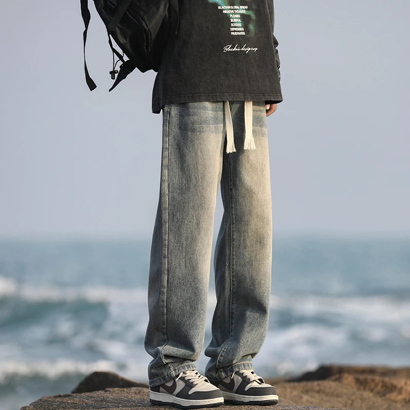 2025 Spring/Summer New 4-Color Retro Aged Men's Loose Straight leg Jeans Fashion Korean High Street Denim Pants Street Wear Men'