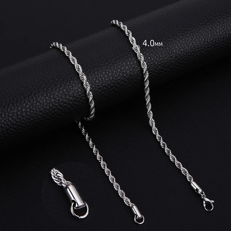 قلادة رجالية طويلة من الفولاذ المقاوم للصدأ بتصميم بسيط وسلسلة ملتوية متوفرة باللون الذهبي والفضي من 2 إلى 5 مم