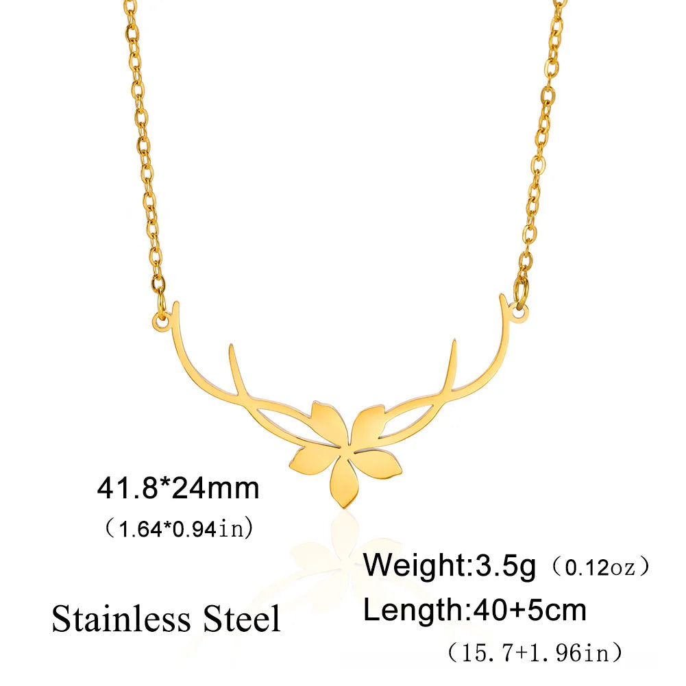 Lucktune Flower Antler Pendant Necklace Stainless Steel Gold Color Chain Necklace for Women 2025 Trendy Kpop Jewelry Party Gift