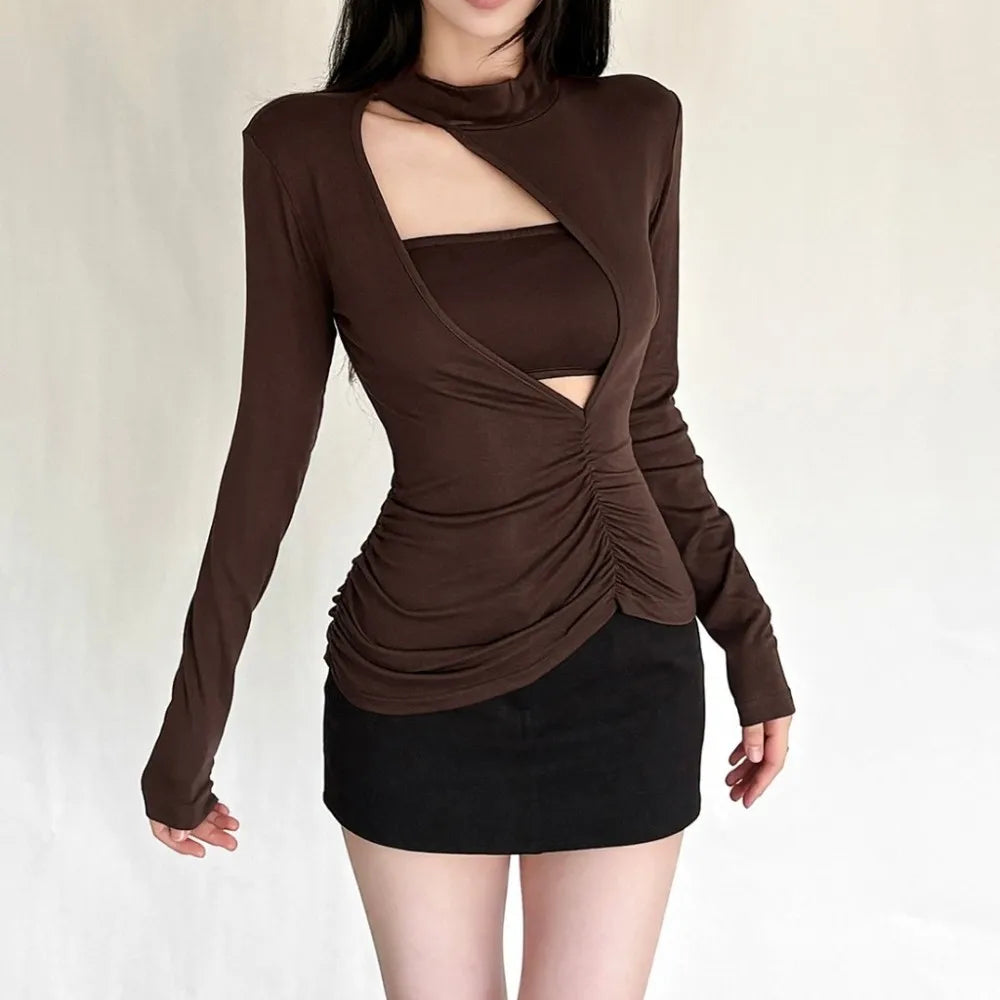 تيشيرتات SylCue بتصميم مجوف غير منتظم للنساء، موضة الخريف، تيشيرتات أنبوبية + تيشيرتات Casyal أنيقة بياقة مدورة وأكمام طويلة، بتصميم ضيق ومرن