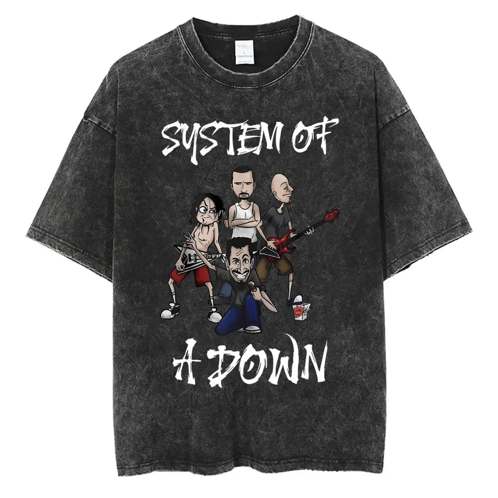 تي شيرت رجالي ونسائي من القطن عالي الجودة بأكمام قصيرة مطبوع عليه شعار فرقة موسيقى الروك برسومات كرتونية