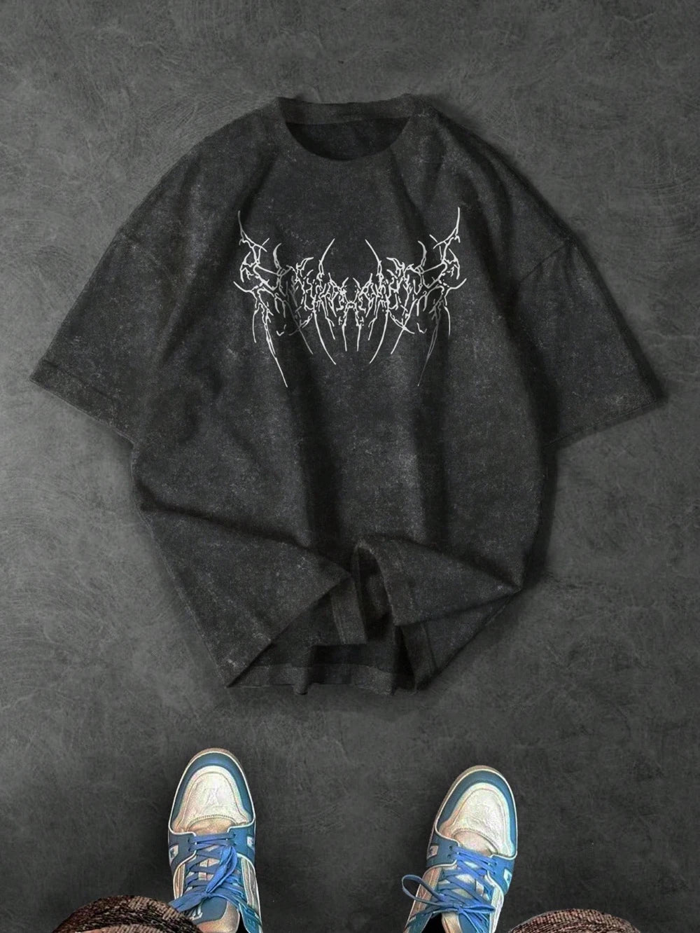 تي شيرت رجالي رياضي كاجوال بأكمام قصيرة ورقبة دائرية وطبعة قوطية، مصنوع من القطن الخالص المغسول، بتصميم باهت، مناسب للجنسين