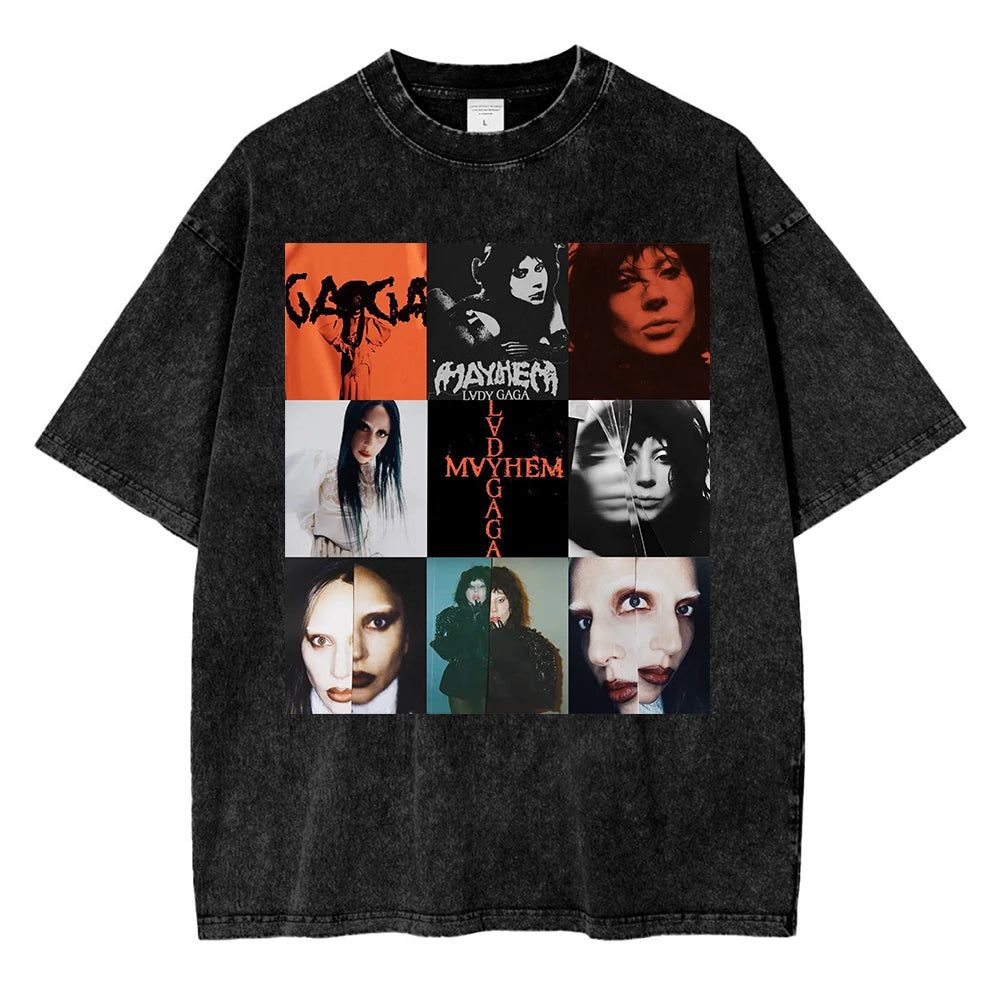 تي شيرت كلاسيكي مغسول من ليدي غاغا، جولة مايهم بول 2025، أزياء رجالية/نسائية، جودة عالية، غسيل حمضي، قطن 100%