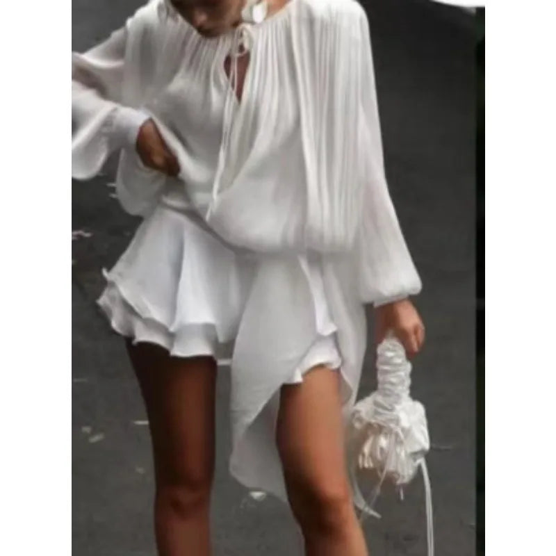 Elegant Solid Pleated Blouse Mini Dresses Women V Neck Lace Up Long Lantern Sleeve Dress 2025 Street Beach Vocation Short Robes