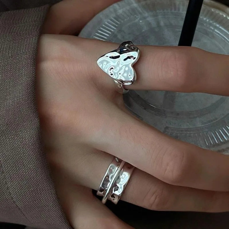 خاتم مفتوح من الفضة الإسترليني عيار 925 بتصميم بانك على شكل قلب، بتصميم هندسي غير منتظم، قابل للتكديس، هدية مجوهرات للنساء والفتيات، خدمة توصيل مباشرة بالجملة